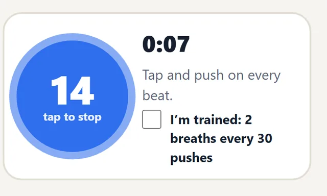 The CPR beat: a big blue button counting pushes, with a timer