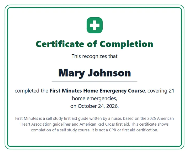 A sample Certificate of Completion for the First Minutes Home Emergency Course, with a note that it is a self study course