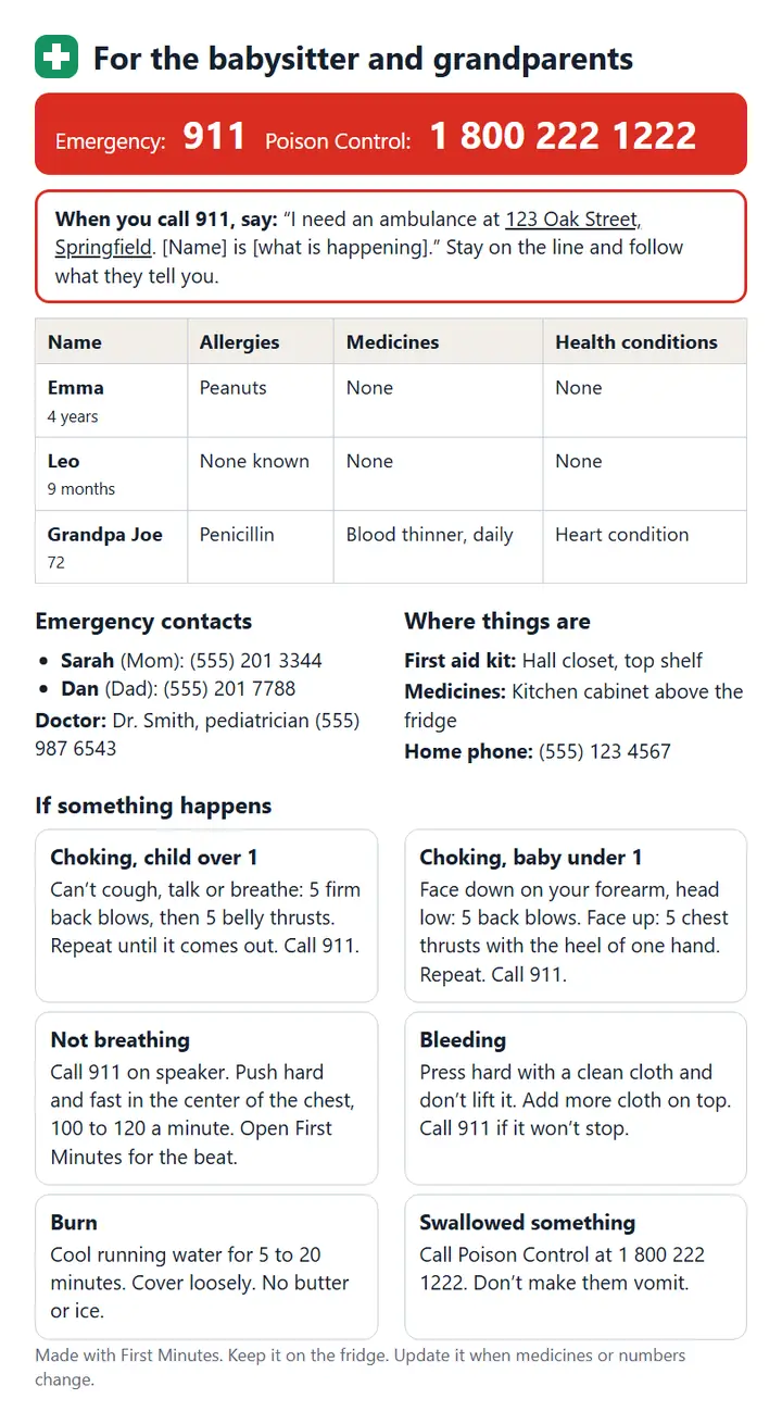 The printed babysitter sheet: 911 and Poison Control numbers, what to say when you call 911, each person’s allergies and medicines, contacts, and quick steps for common emergencies