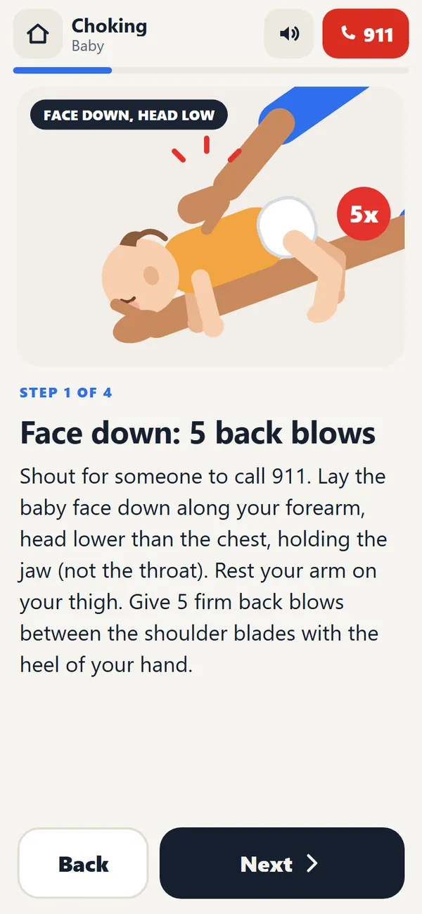 App screen for a choking baby: face down, 5 back blows, with a drawing of a baby held along the forearm