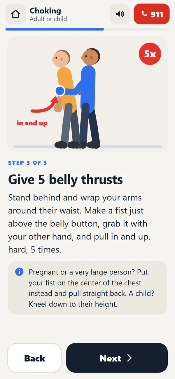 App screen: Give 5 belly thrusts, with a picture showing where to put your fist