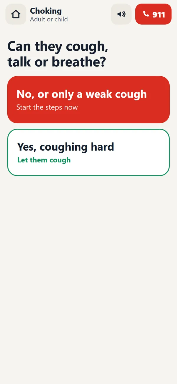 App screen asking: Can they cough, talk or breathe? with two big answer buttons