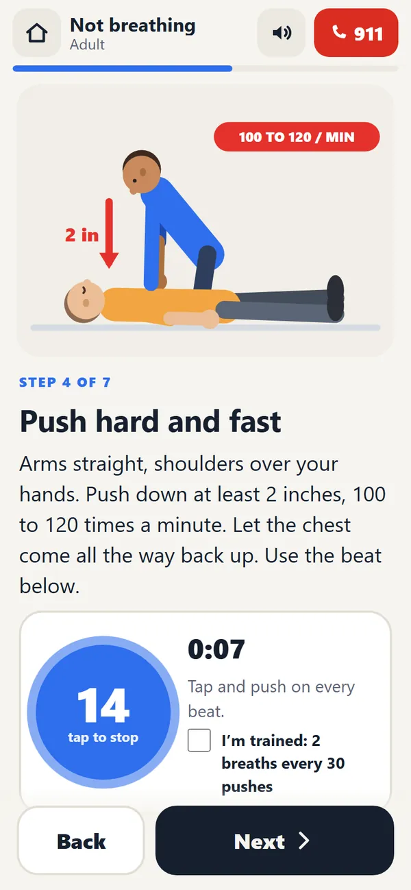 App screen for CPR: Push hard and fast, with the CPR beat counting pushes