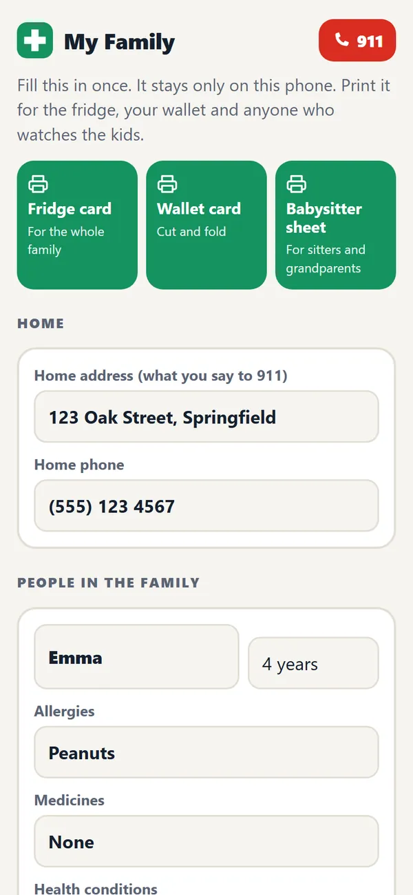 The My Family tab: buttons to print a fridge card, a wallet card and a babysitter sheet, and fields for the home address and each person