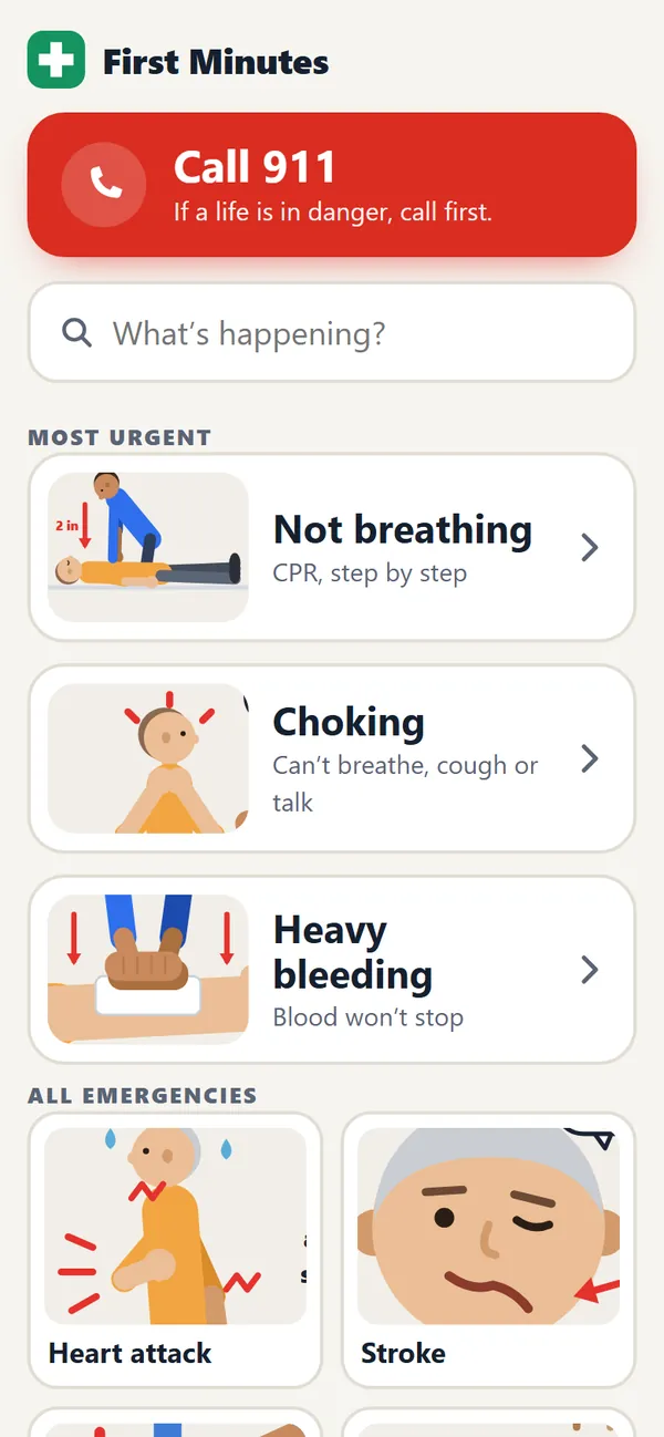 The First Minutes home screen: a red Call 911 button, a search box, big buttons for the most urgent emergencies and tabs for My Family, First Aid Kit and Learn
